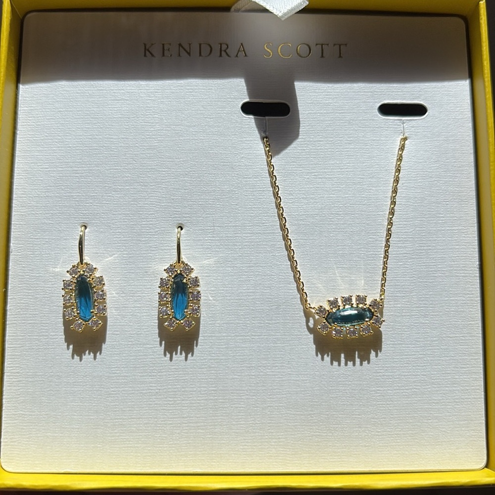 Kendra Scott Gold/Blue Emma Framed Pendant necklace and Earring Set